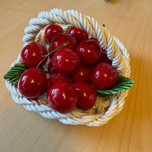 Vintage MCM Ceramic Woven Basket With Red Cherries & Green Leaves Made In Italy